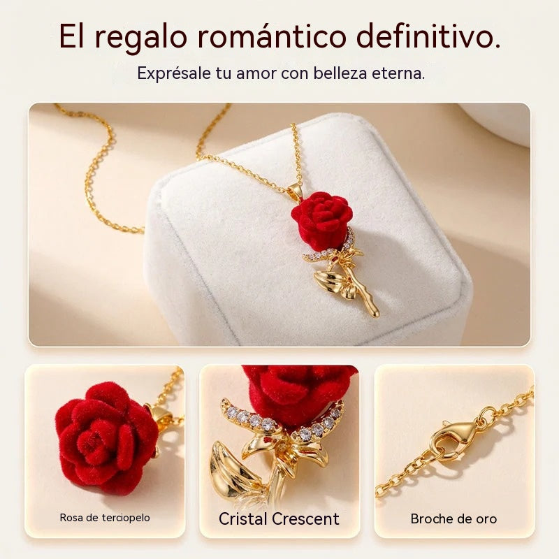 Compra 1 y llévate 1 gratis✨ Elegante collar con colgante de rosa roja – Flor de terciopelo, detalles de cristal, tono dorado ✨