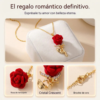 Compra 1 y llévate 1 gratis✨ Elegante collar con colgante de rosa roja – Flor de terciopelo, detalles de cristal, tono dorado ✨
