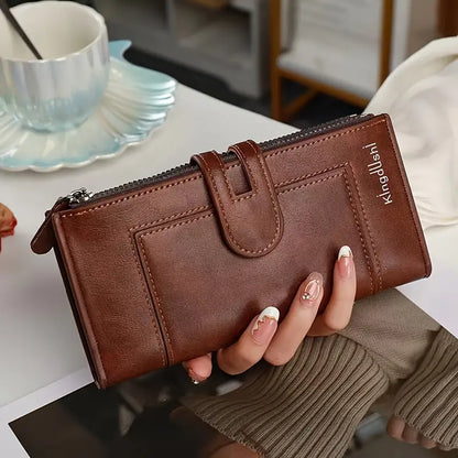 Cartera larga de alta gama para mujer con doble cremallera, diseño multicompartimento, gran capacidad, estilo versátil y sofisticado.