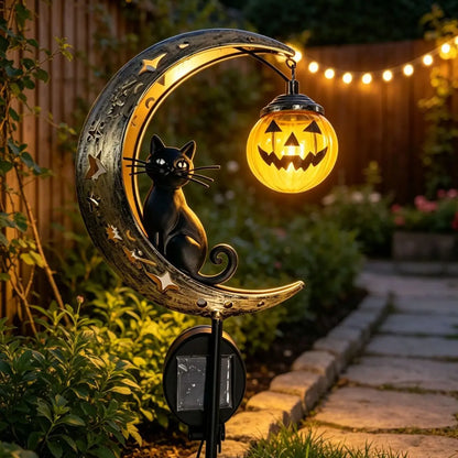 Lámpara decorativa solar para exteriores con forma de calabaza y gato negro.Crea una atmósfera mágica por la noche. Sensor automático, resistente al agua y duradera.