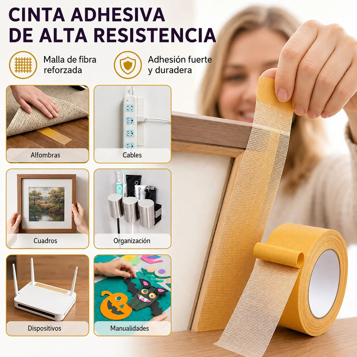 【30mm*10m】Adhesivo multifuncional de doble cara, de alta viscosidad, que no deja residuos tras su retirada.