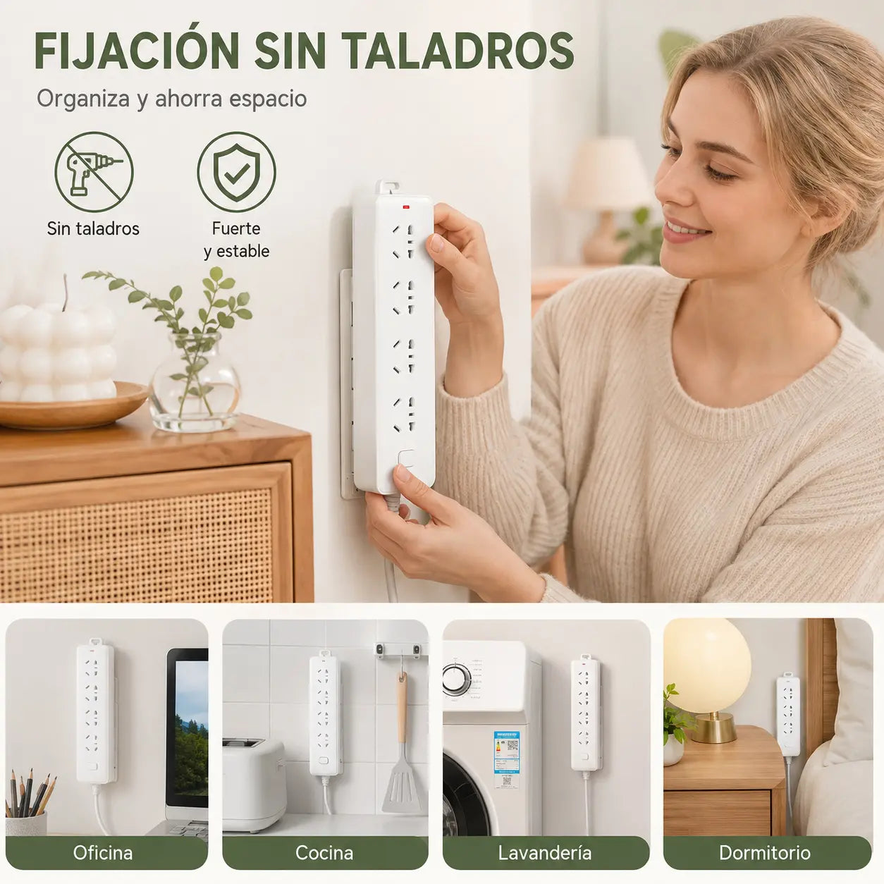 【1 juego de 4 piezas】Soporte de pared multifuncional sin necesidad de taladrar para regletas de enchufes.