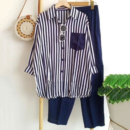 【S-5XL】Nueva conjunto de primavera a rayas, conjunto de dos piezas con mangas largas y pantalones.【Pantalones + Camisa】
