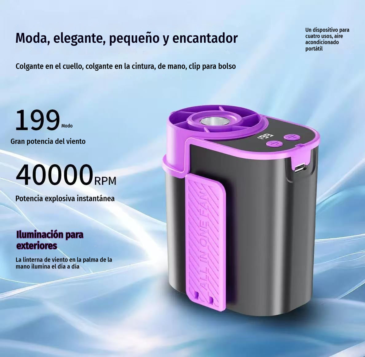 🌀 Ventilador manos libres con pantalla LED, clip integrado y 199 niveles de ajuste