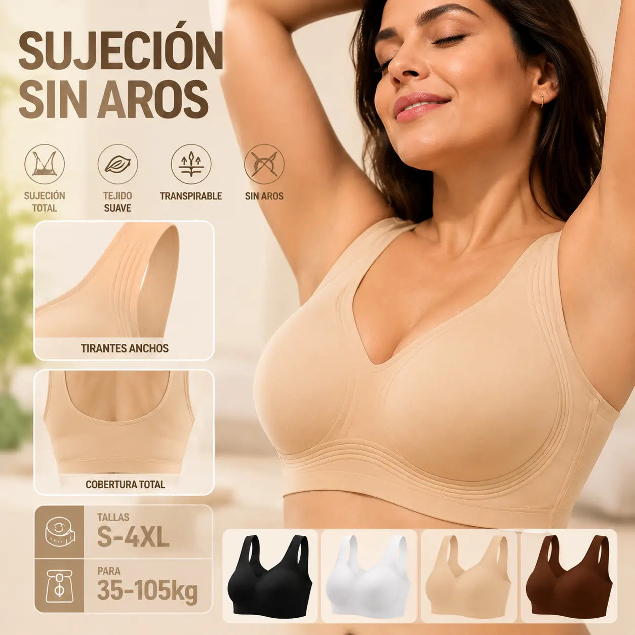 【Juego de 2 piezas】Sujetador sin aros para mujer de tallas grandes | Sujeción completa, cómodo y transpirable | Efecto lifting | Tallas S-4XL (Adecuado para un peso de 35 a 105 kg)