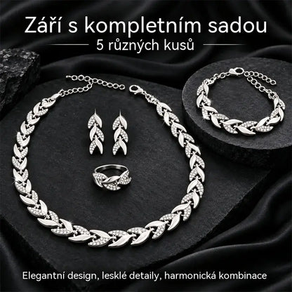 ✨💎 Čtyřdílná sada dámských šperků | Náhrdelník, náramek, prsten a náušnice s motivem listu a zirkony