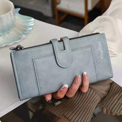 Cartera larga de alta gama para mujer con doble cremallera, diseño multicompartimento, gran capacidad, estilo versátil y sofisticado.