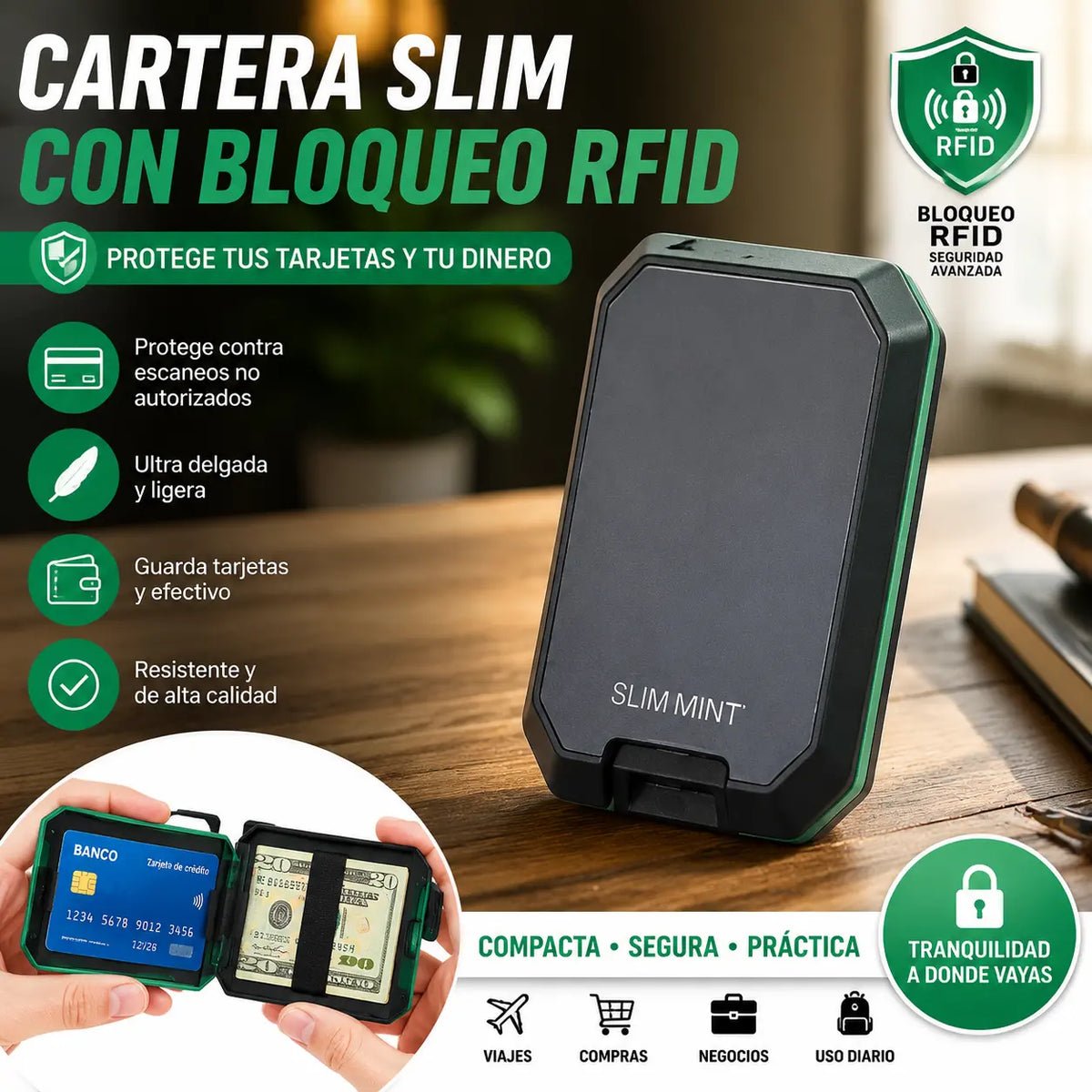 Cartera inteligente antirrobo RFID: diseño elegante, ligero y seguro para tus tarjetas y efectivo