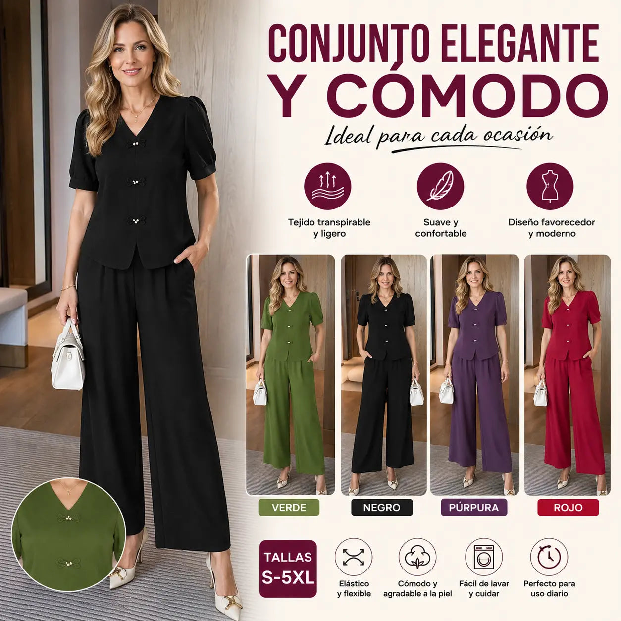【Top + Pantalones anchos】Conjunto casual de moda