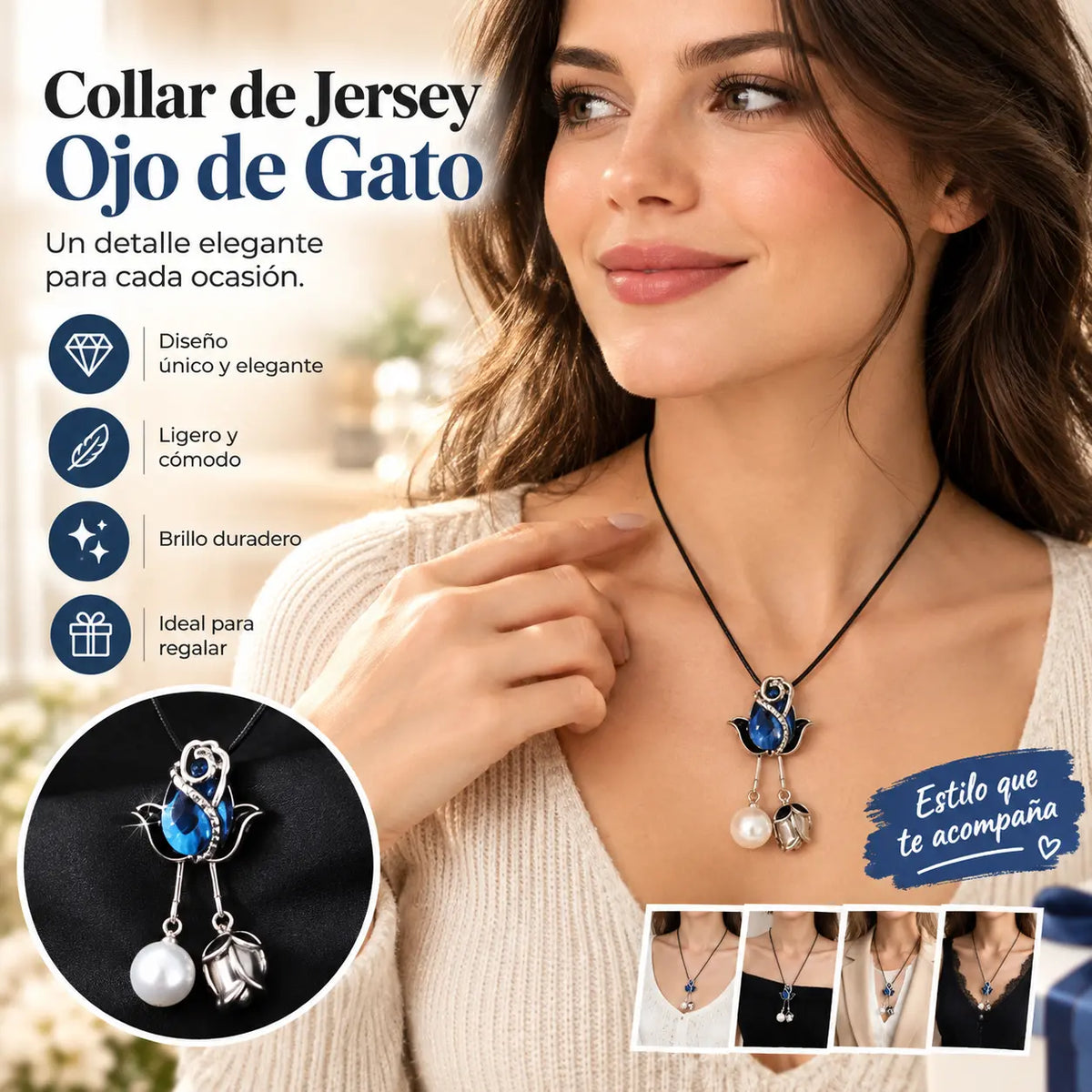 [2 piezas 23 euros]Collar largo de tulipán con ojo de gato, cadena para suéter, accesorios de ropa