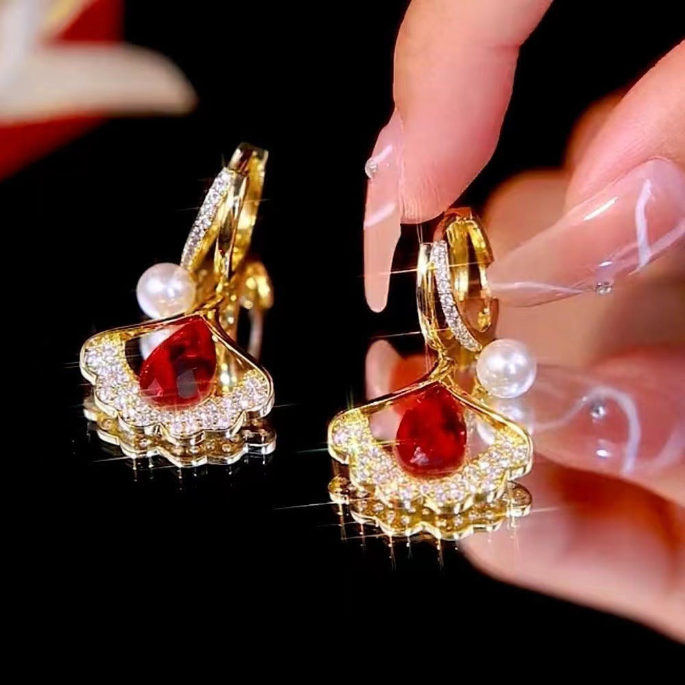 【2 pares 26 euros】Pendientes elegantes con piedras preciosas de ojo de gato y diseño de hoja de ginkgo