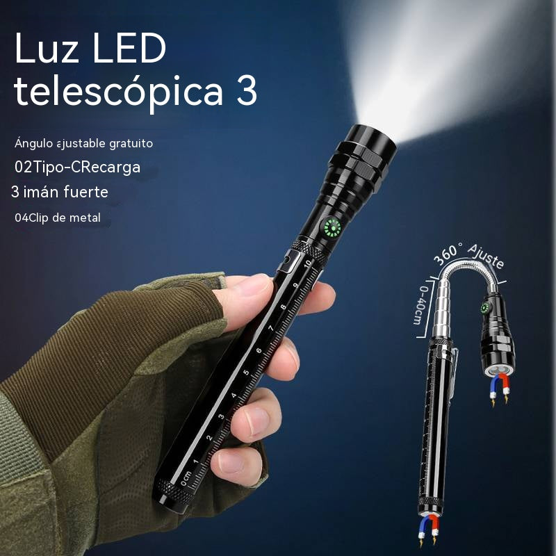 Linterna LED telescópica multifuncional: cuenta con base magnética, extensión de largo alcance e iluminación de alta intensidad.