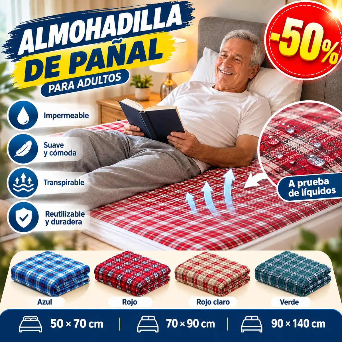 Oferta por tiempo limitado (50*70cm) Almohadilla lavable y transpirable para el cuidado de pañales para adultos