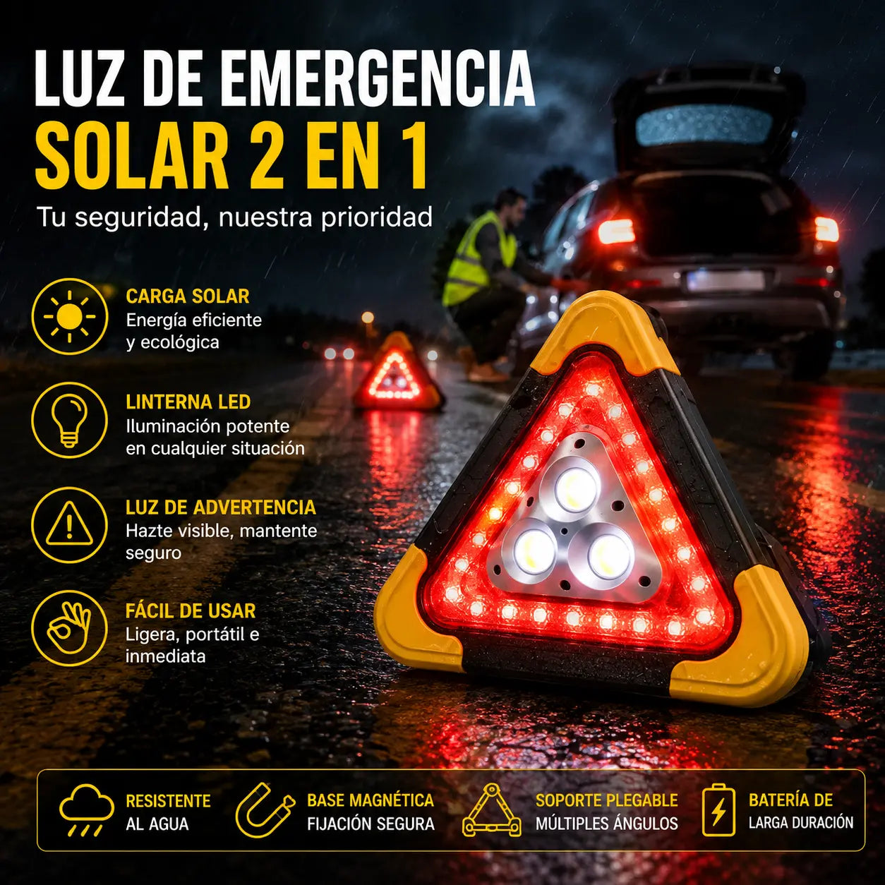 Luz de advertencia triangular solar de emergencia tres en uno