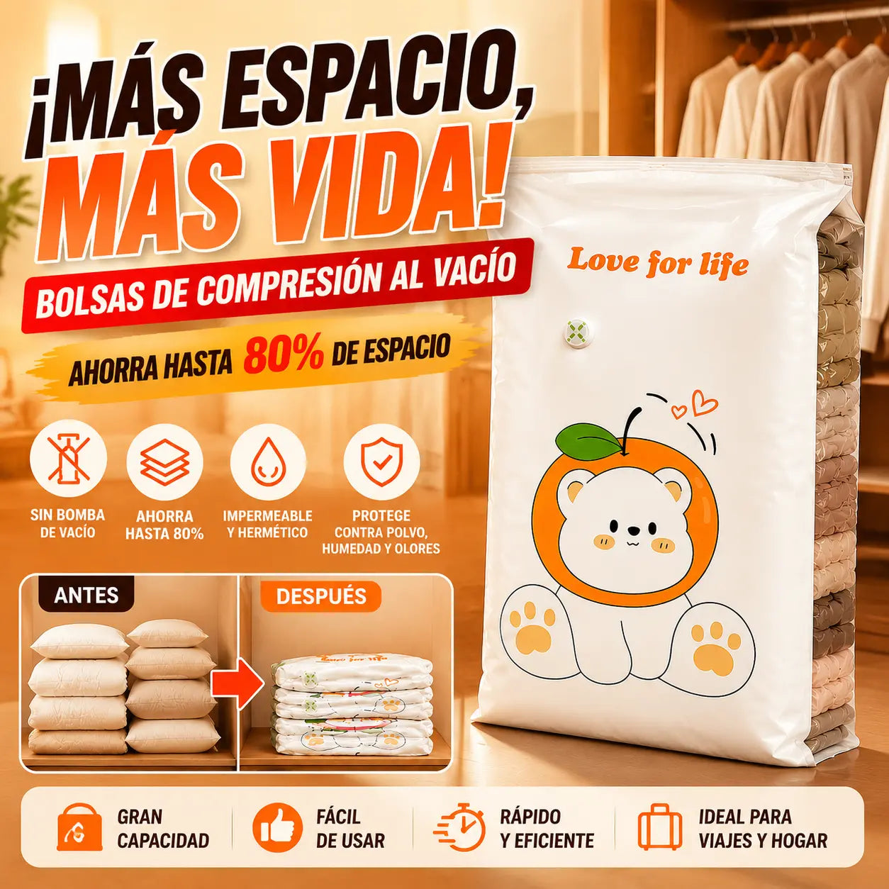 ✨🗃️ Juego de 5 piezas 💨 Bolsas de almacenamiento compresibles grandes: No se necesita bomba de aire, son a prueba de fugas, ideales para ahorrar espacio en tu maleta y en casa ✈️