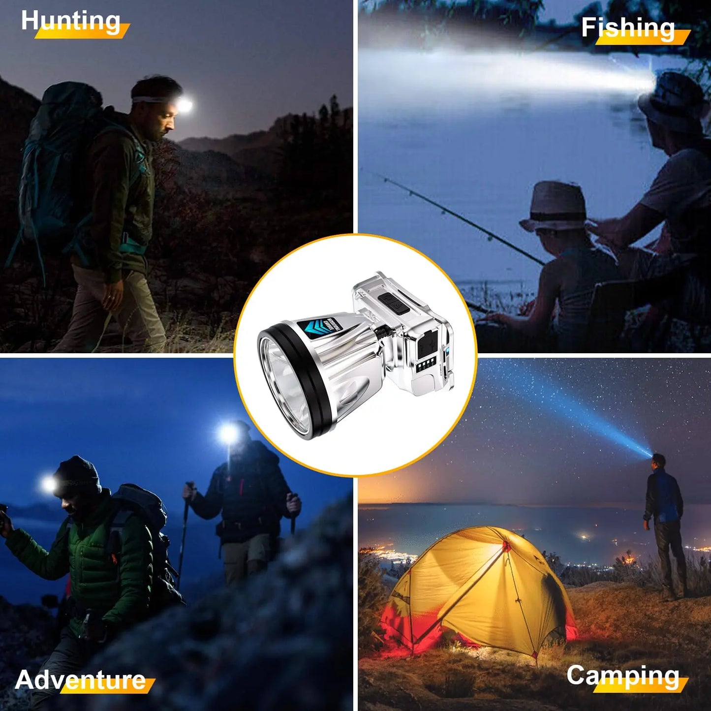 Linterna frontal LED de alta potencia y ultrabrillante, recargable por USB, con haz de luz de largo alcance e indicador de batería, ideal para acampar, hacer senderismo y trabajar.