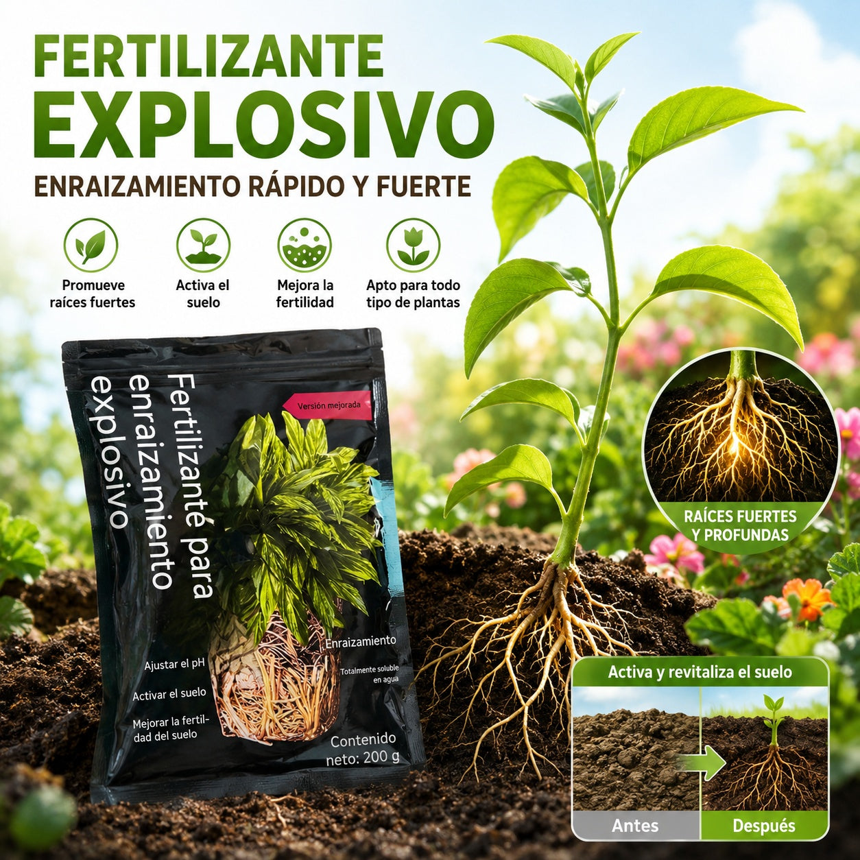 【Compra 1 y llévate 1 gratis】Activador de suelo para promover el crecimiento de las raíces en plantas verdes y flores, fertilizante de uso general para plantas.