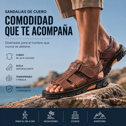 🔥👟 (50%OFF) [Tamaño 38 ~ 44] Sandalias de playa antideslizantes de cuero suave hechas a mano para hombres