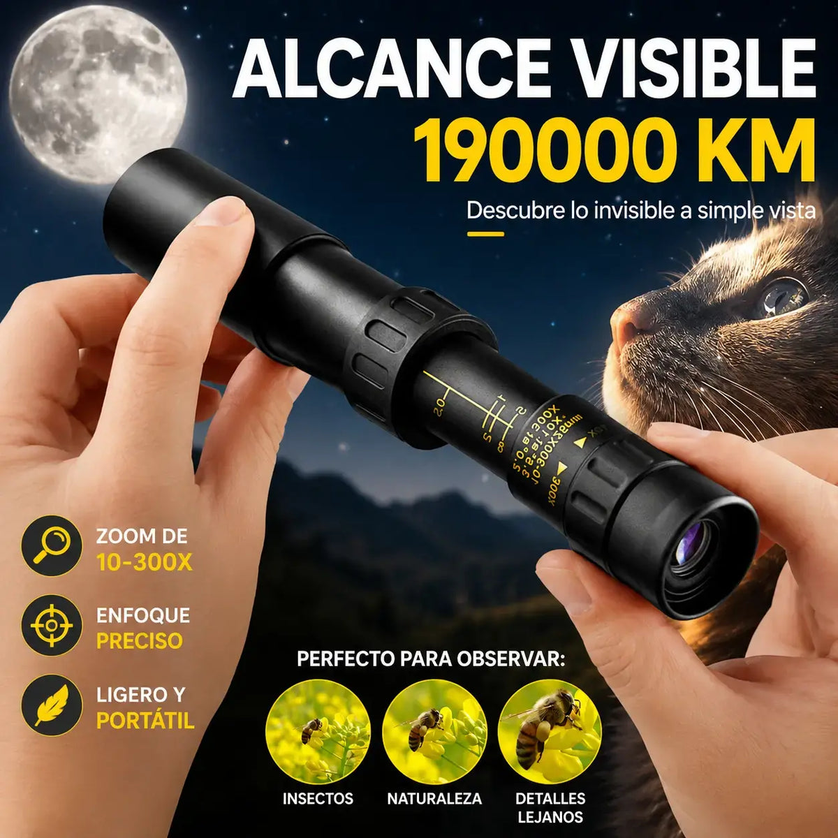Monocular 10-300x40 con zoom – visión HD de alta potencia para actividades al aire libre y uso nocturno