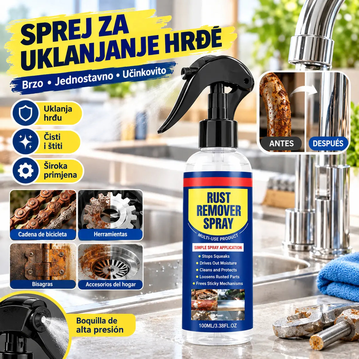🔥【Pakiranje od 2 komada】✨ Sprej za uklanjanje hrđe: Bez napora uklanja hrđu s mehaničkih dijelova i površina kuhinjskog pribora, vraćajući im izgled kao nov.