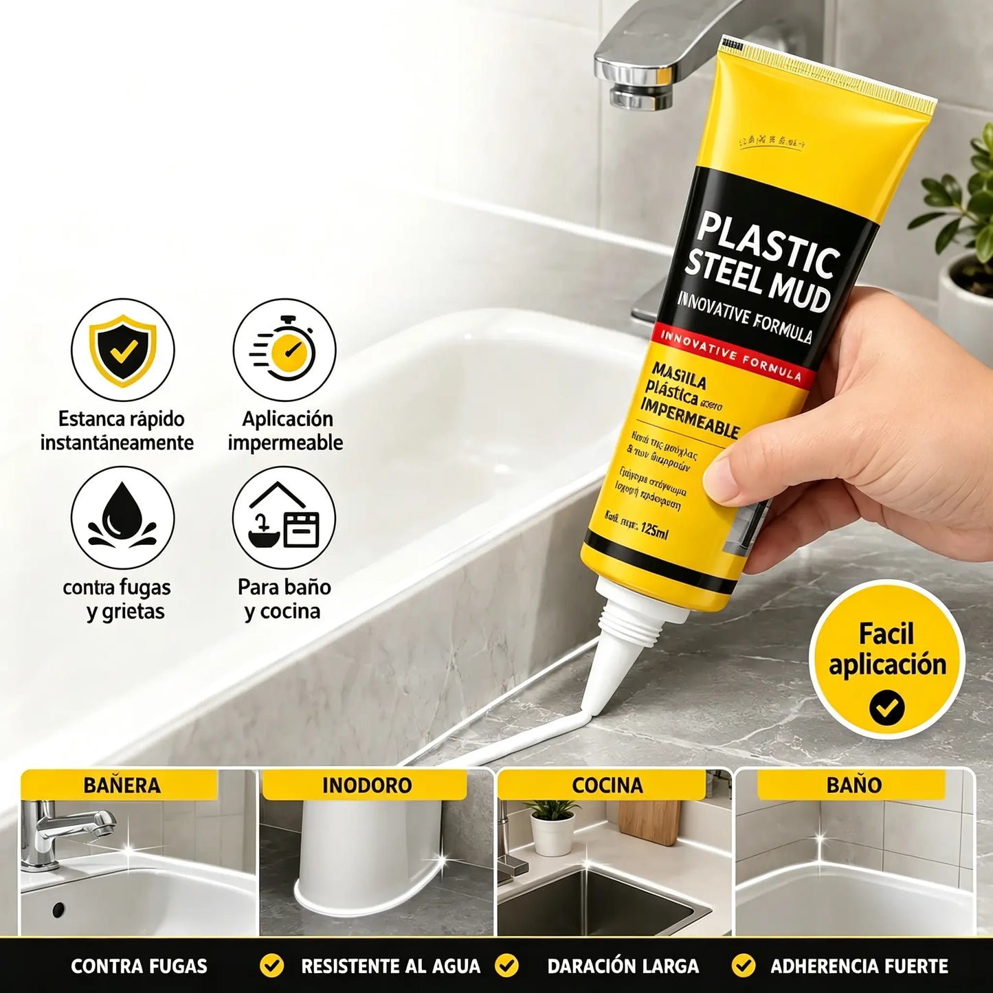 1 juego 26 euros 💧🛡️Masilla de acero plástico amarilla y negra, sellador impermeable y resistente al moho, pegamento para vidrio de baño, pegamento de secado rápido.