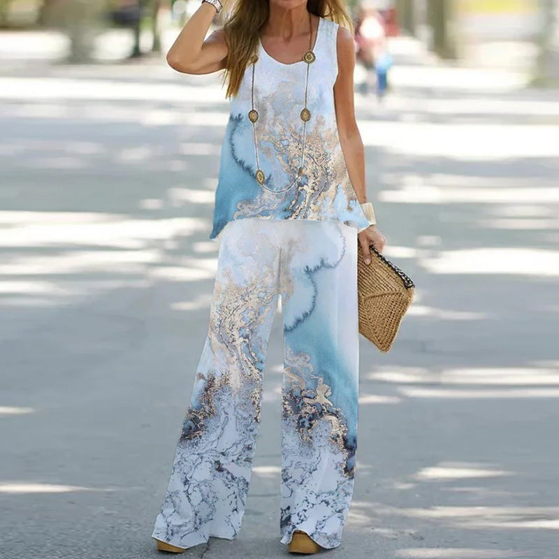 🌸 😍 【S-3XL】Traje casual estampado sin mangas [top + pantalón].