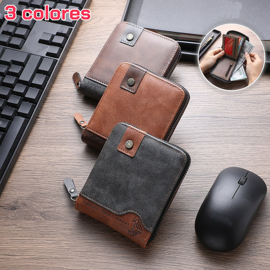 【3 Colores】Cartera corta retro para hombre con cremallera, múltiples ranuras para tarjetas y colores contrastantes.