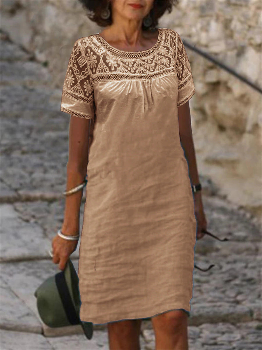 🌸Nuevo vestido de verano, confeccionado con tela de encaje patchwork, diseño de cuello redondo, tejido de mezcla de algodón y lino.