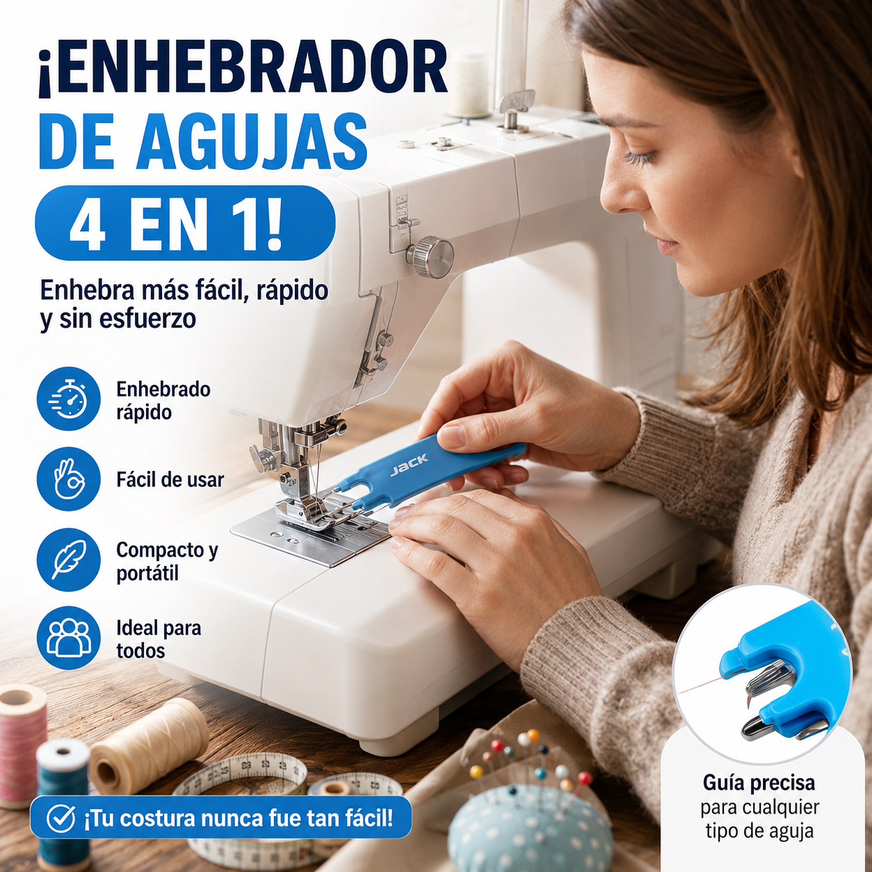 🧵✨Enhebrador 4 en 1🔥¡Enhebra en Segundos sin Esfuerzo! Con Lupa, Regla y Base Magnética