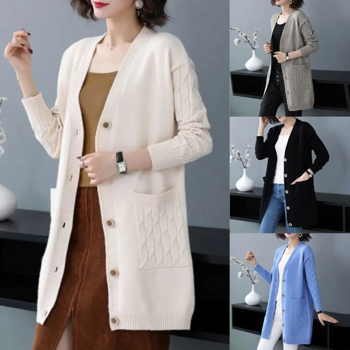 ✨🎀【S–4XL】Nuevo cárdigan de punto para mujer (tallas grandes) – Corte holgado, grueso y cómodo