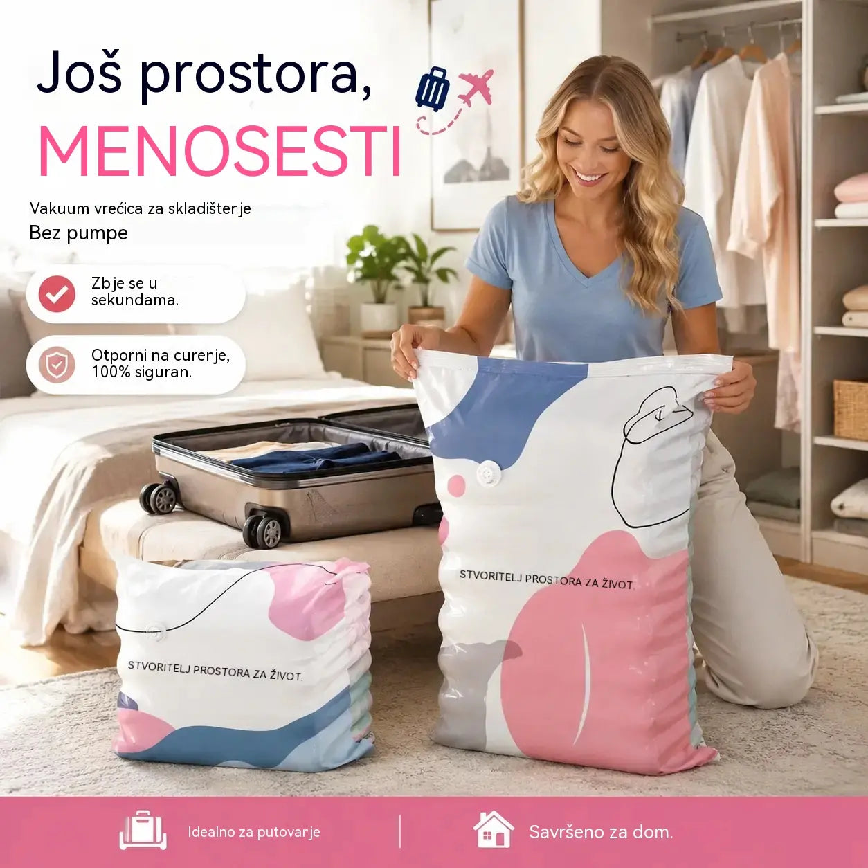 🧳【Set od 5 dijelova】💨 Velika, stlačiva vakuumska vrećica za pohranu: nije potrebna pumpa, nepropusna je i idealna za uštedu prostora u koferima i kod kuće ✈️