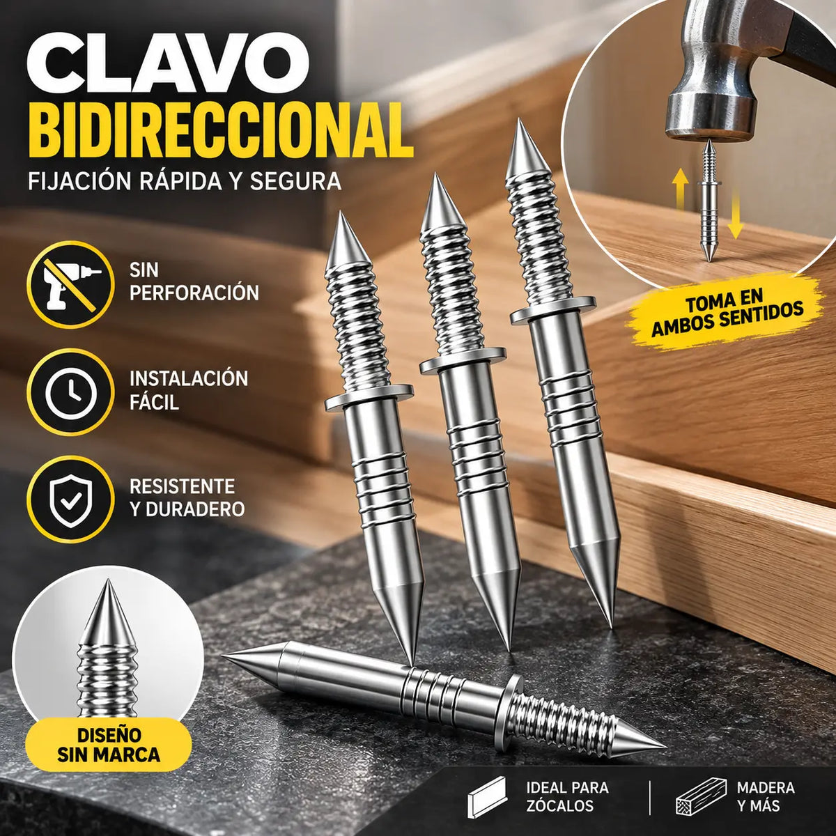 【200 clavos + 2 herramientas de instalación】🚪Clavos de garra bidireccionales sin dejar rastro📌Específicos para zócalos de madera maciza