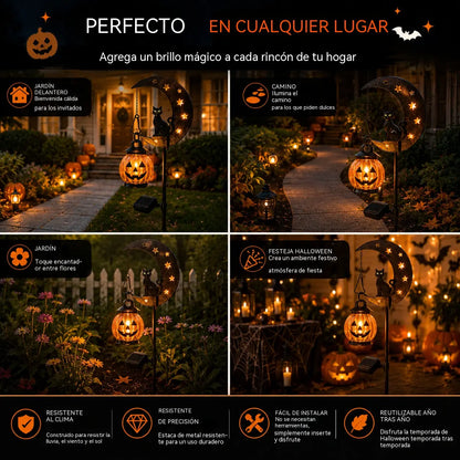 Lámpara decorativa solar para exteriores con forma de calabaza y gato negro.Crea una atmósfera mágica por la noche. Sensor automático, resistente al agua y duradera.