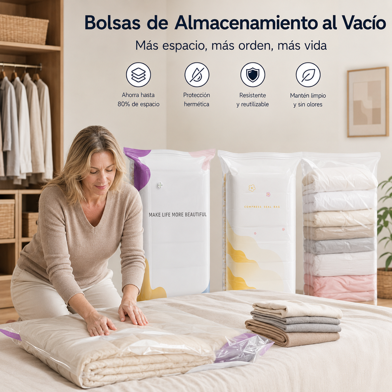 🧳✈️ 【Pack de 5】Bolsas de Compresión al Vacío para Viaje – Ahorra hasta un 80% de Espacio sin Bomba