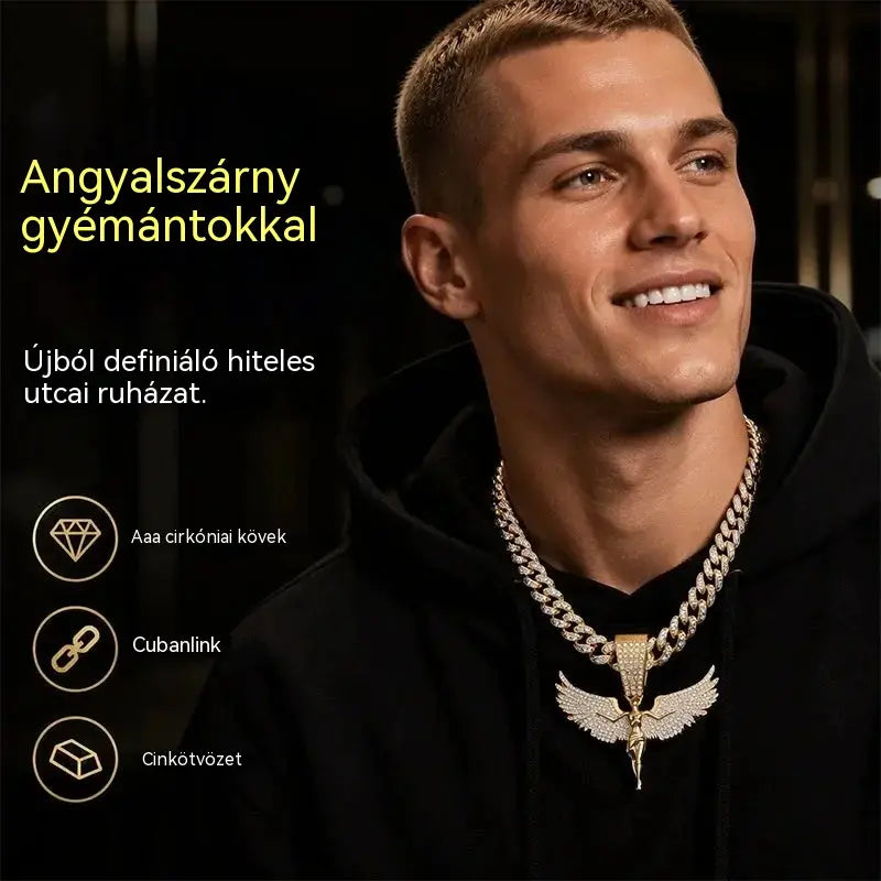 📢📢50% kedvezmény! ⏰ Férfi csillámos nyaklánc angyal medállal és strasszokkal