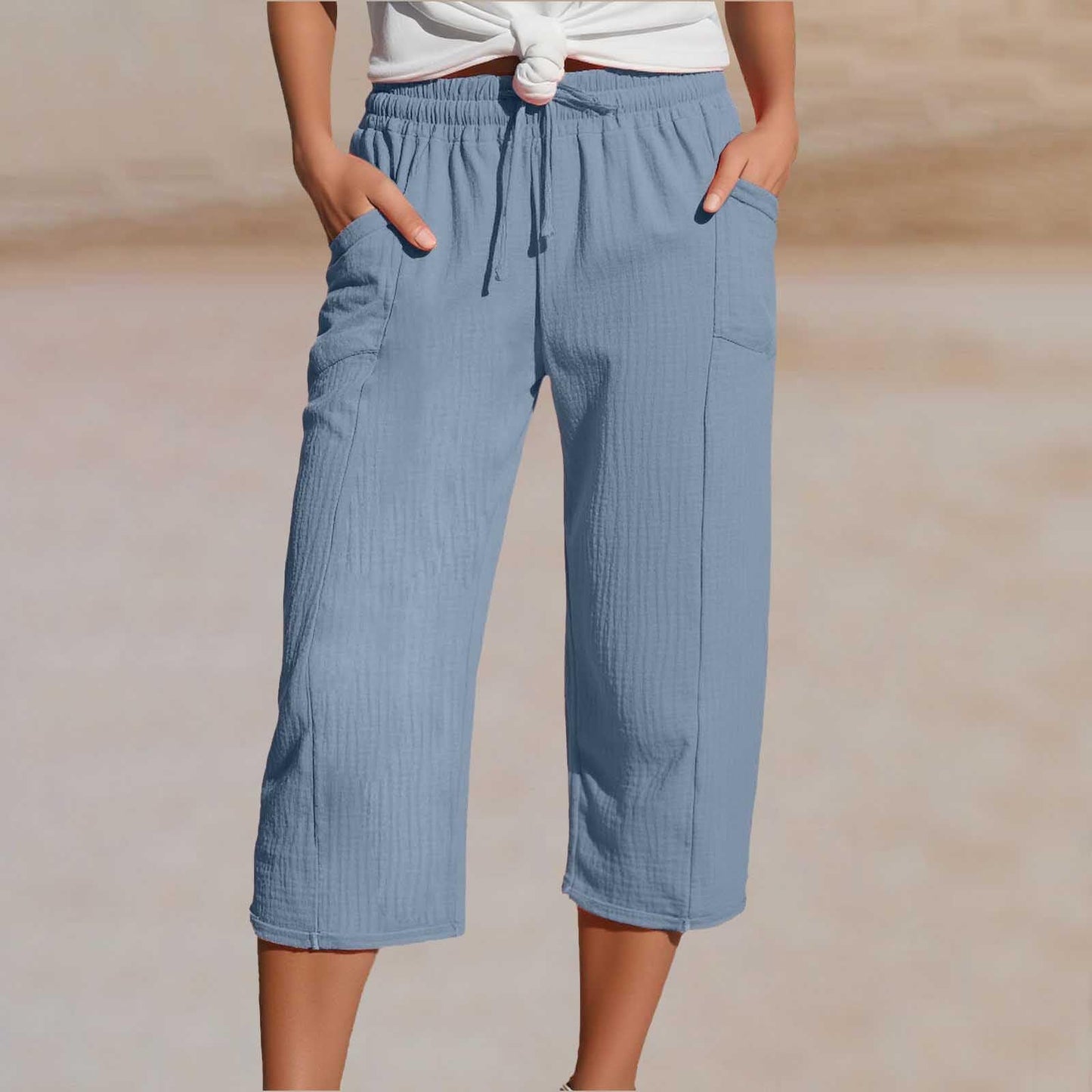 🌸【S-3XL】Pantalones capri plisados de algodón y lino de color liso