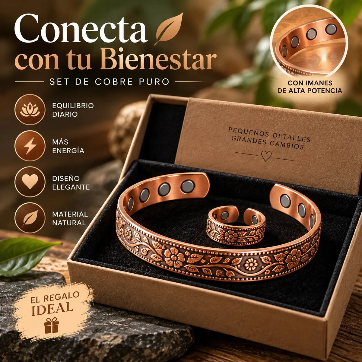 🔥【Pulsera + Anillo】✨Conjunto creativo de pulsera y anillo magnéticos grabados de estilo retro✨