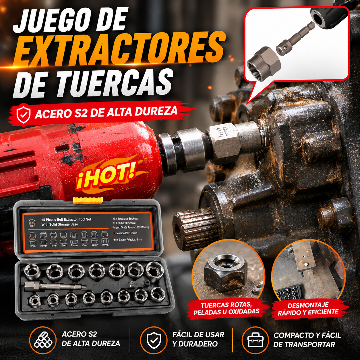 🔥Juego de extractores de tuercas de 14 piezas, kit de herramientas para quitar tornillos y tuercas rotos.