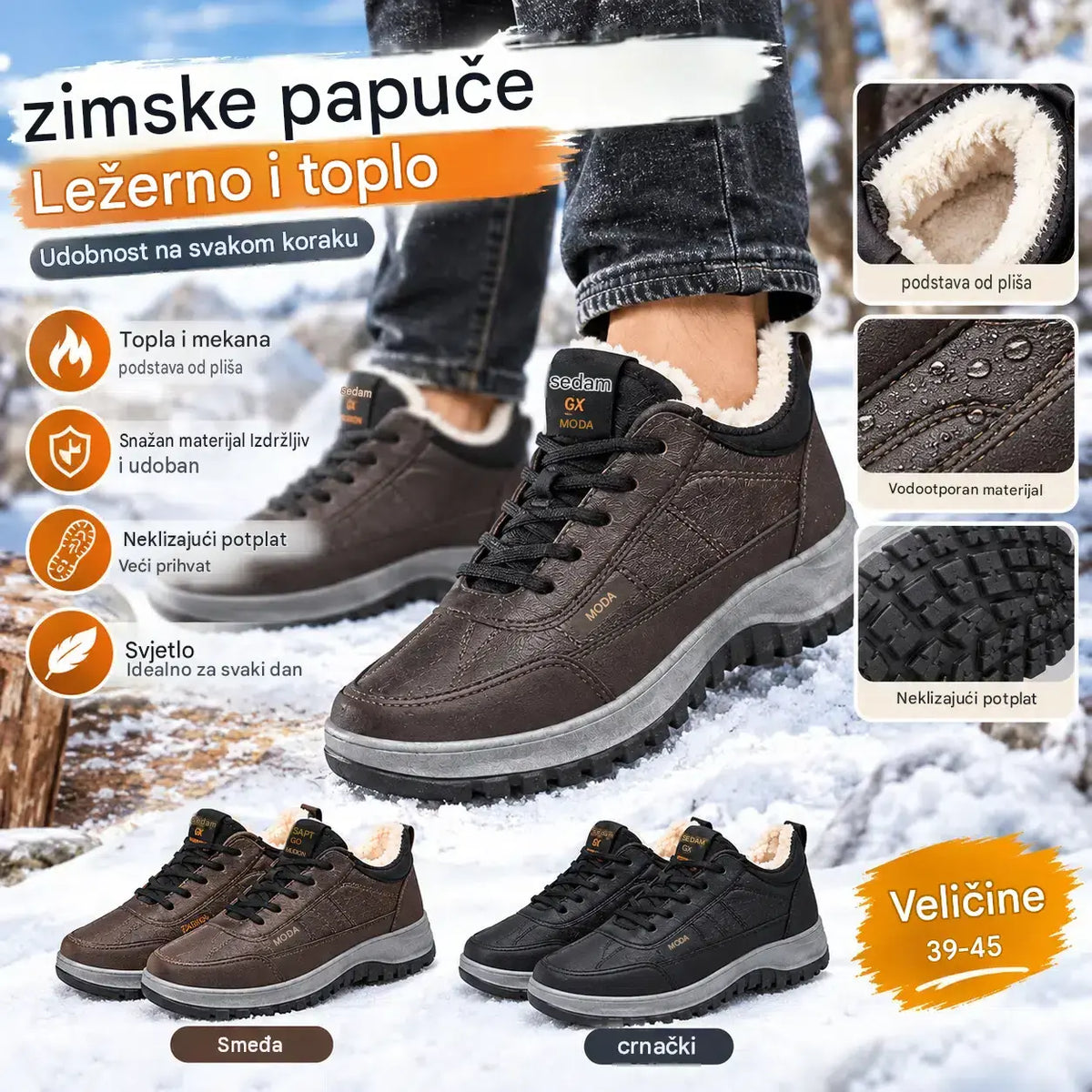 【39-45】Muške vodootporne ležerne zimske tenisice od prave kože, s mekanom podstavom od pliša – novi model