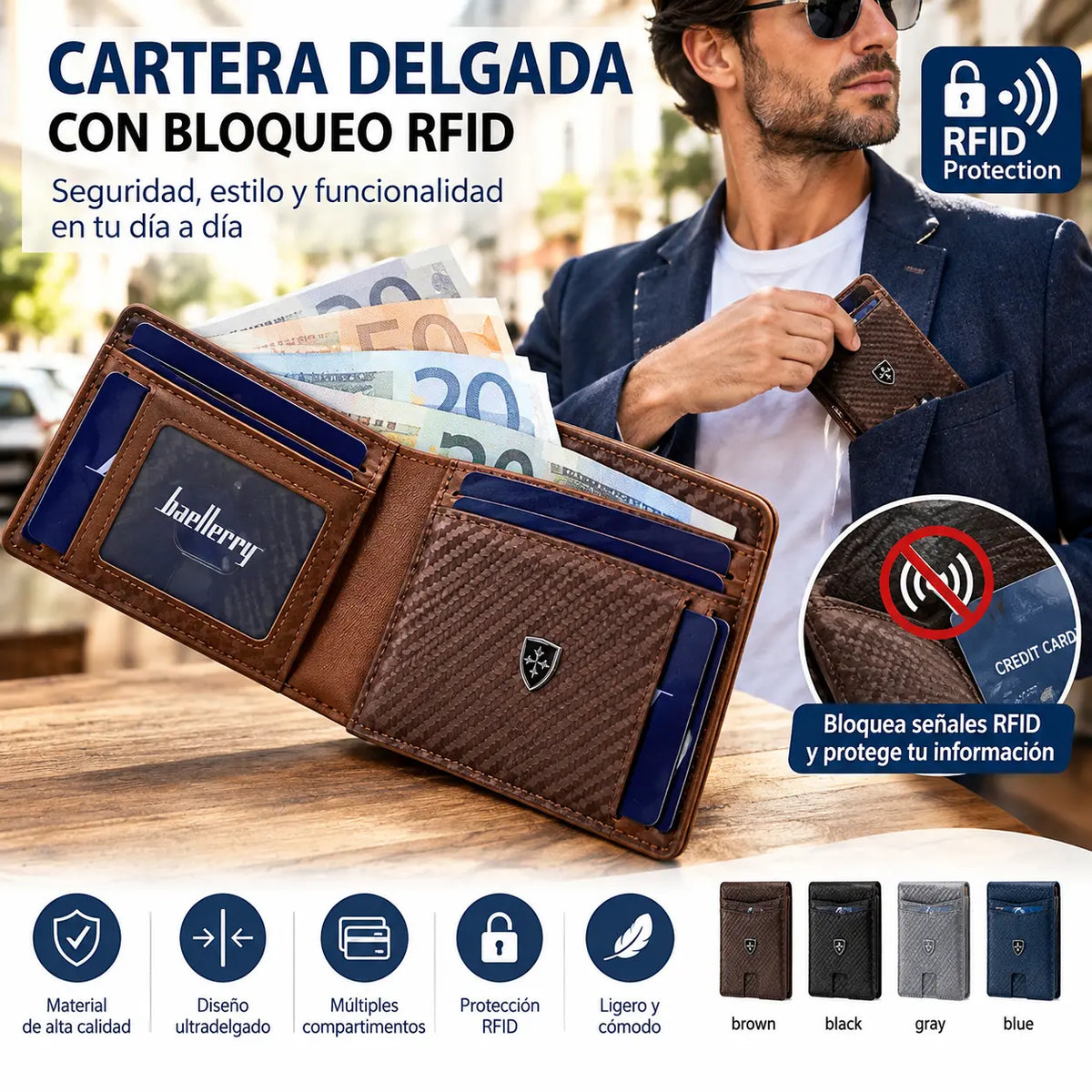 Cartera delgada para hombre con bloqueo RFID