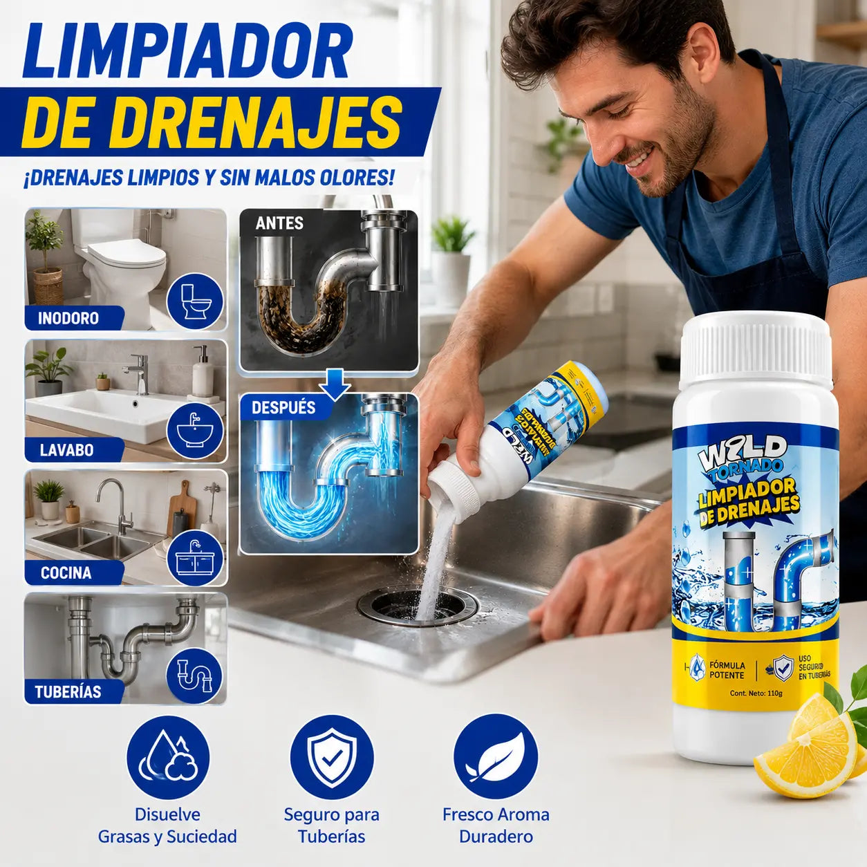 【2 botellas】Limpiador de fregaderos y desagües: espuma de alta densidad a partir de extractos y enzimas en descomposición.