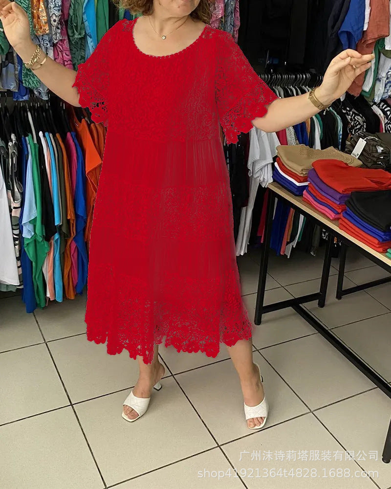 【S-5XL】2026 Nuevo vestido camiseta de manga corta, cuello redondo y encaje.【40-120kg】