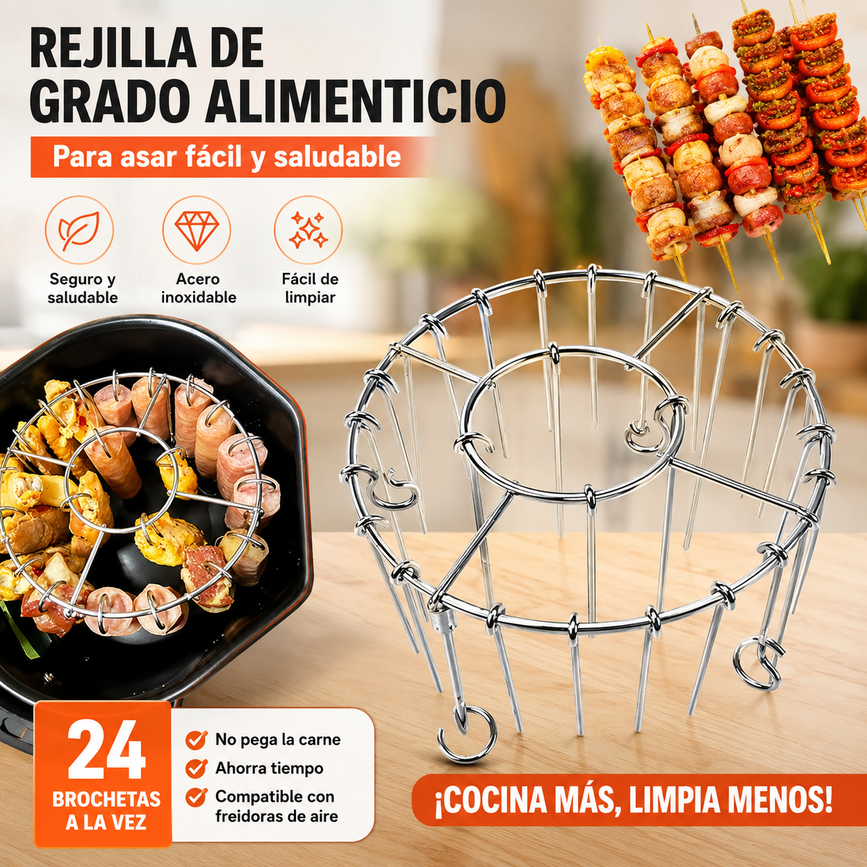 🍖🍗Parrilla de acero inoxidable 304 con 24 brochetas para horno freidora de aire