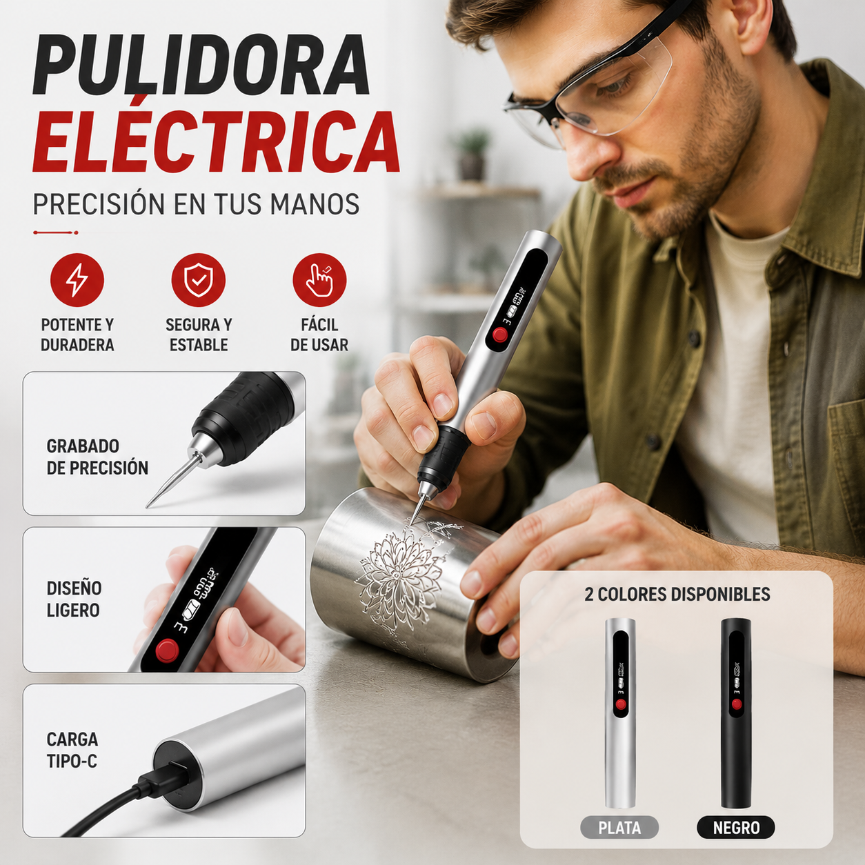 Pluma de grabado multifuncional recargable de iones de litio de larga duración para decoración de uñas y pulido eléctrico
