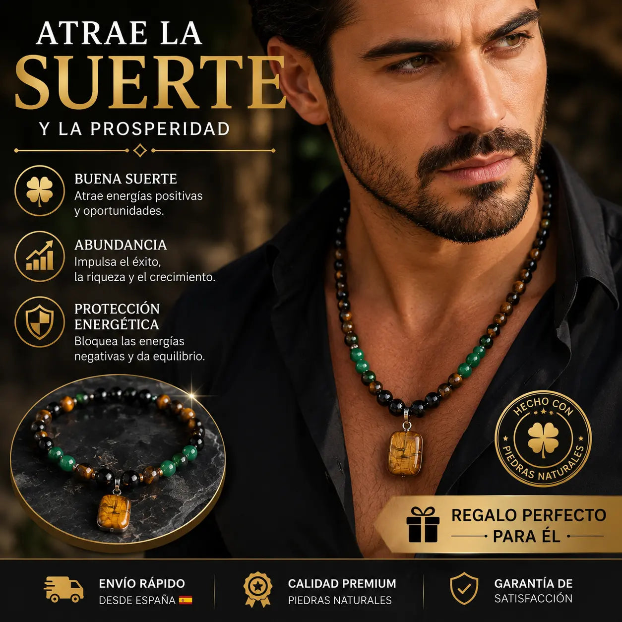 ✨ Collar para atraer dinero con colgante de aventurina verde y ojo de tigre (piedra de cristal curativo)