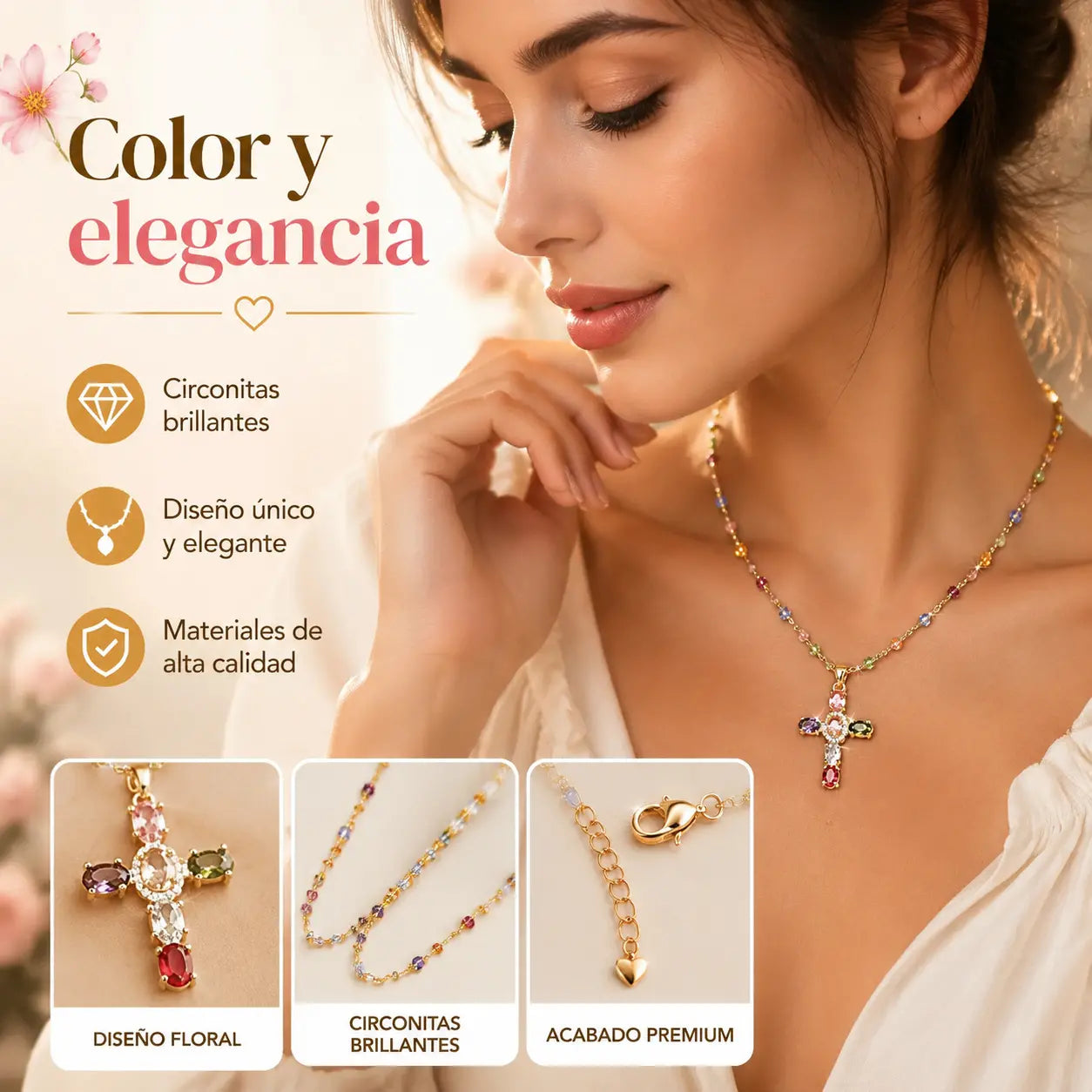 Oferta: Collar con cruz de circonitas de colores. Incluye un precioso joyero.