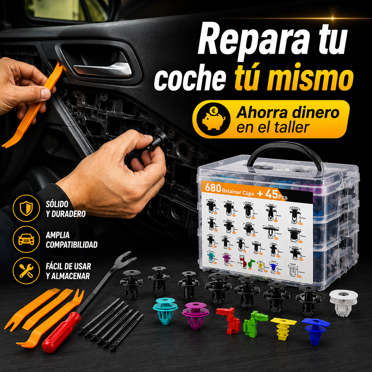 🔥🔥【680 piezas + herramientas de 6 pulgadas + juego de cuatro piezas + almohadilla de esponja + brida】🧰🛠️Juego de hebillas de plástico para tornillos de expansión automotrices