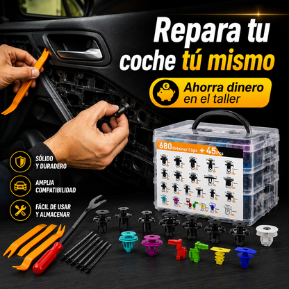 🔥🔥【680 piezas + herramientas de 6 pulgadas + juego de cuatro piezas + almohadilla de esponja + brida】🧰🛠️Juego de hebillas de plástico para tornillos de expansión automotrices