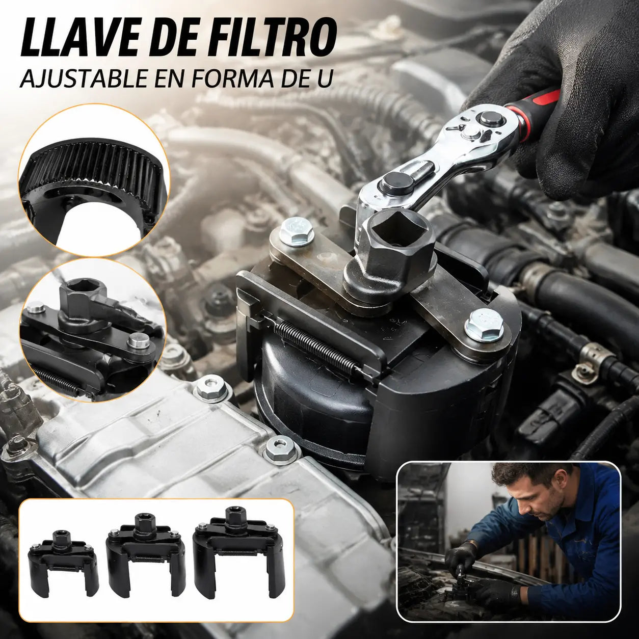 【60-80mm】Llave de extracción de filtro de automóvil ajustable en forma de U