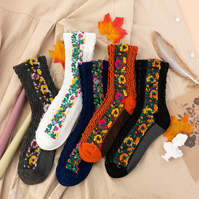 【5 pares】Calcetines largos retorcidos con estampado floral retro de algodón nuevos para otoño e invierno